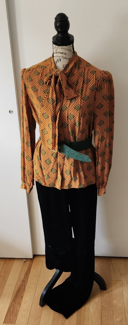 Miss O by Oscar De La Renta Vtg Black Velvet Pant Silk Shirt 3 Piece Suit Womens